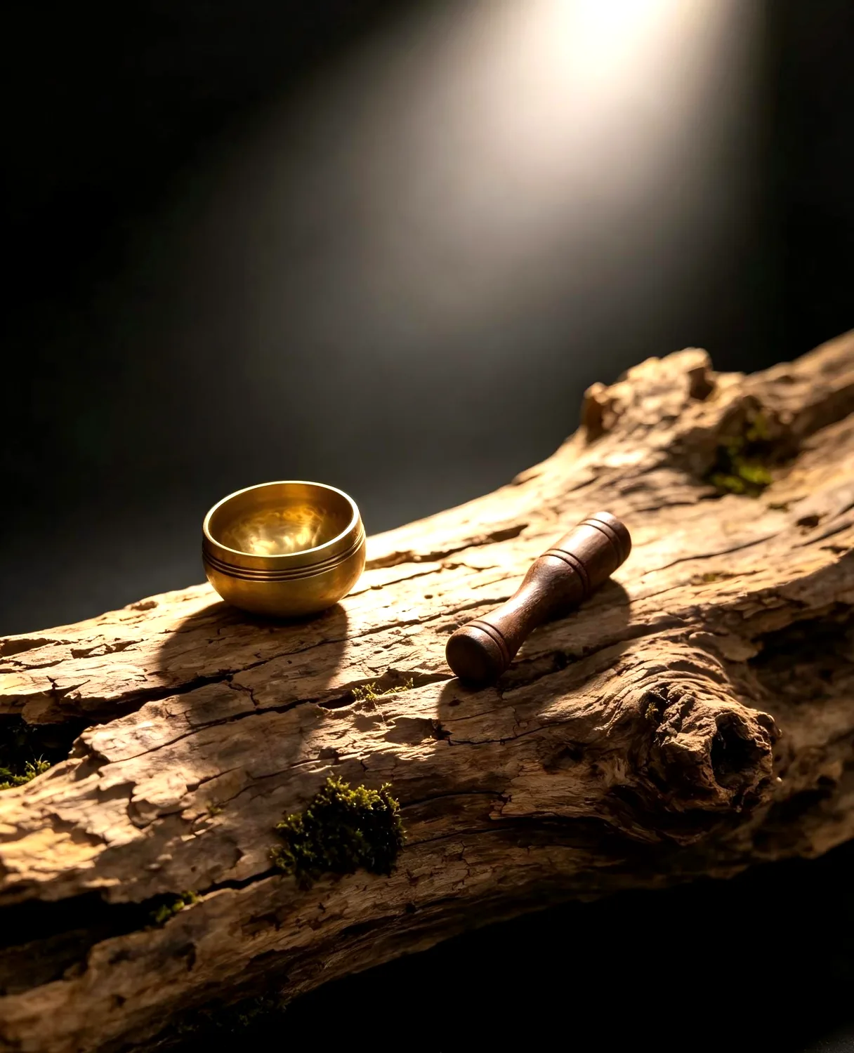 Mini brass singing bowl and wooden striker on aged wood