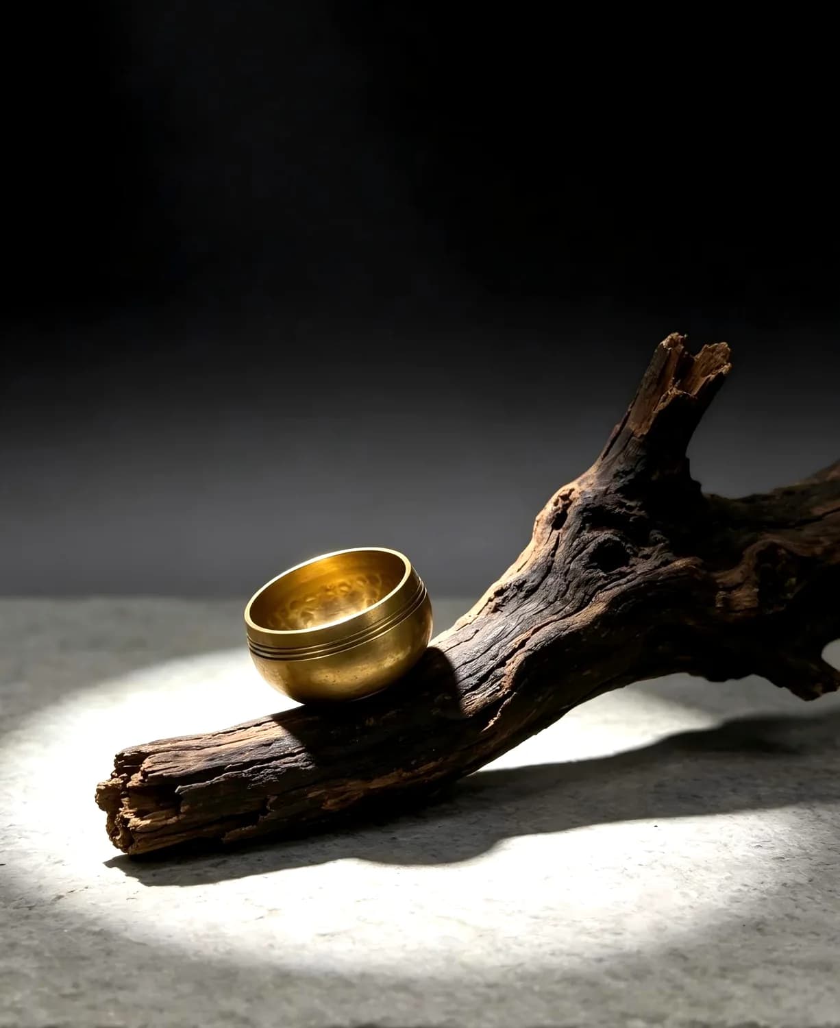 Mini brass singing bowl resting on natural wood in soft light