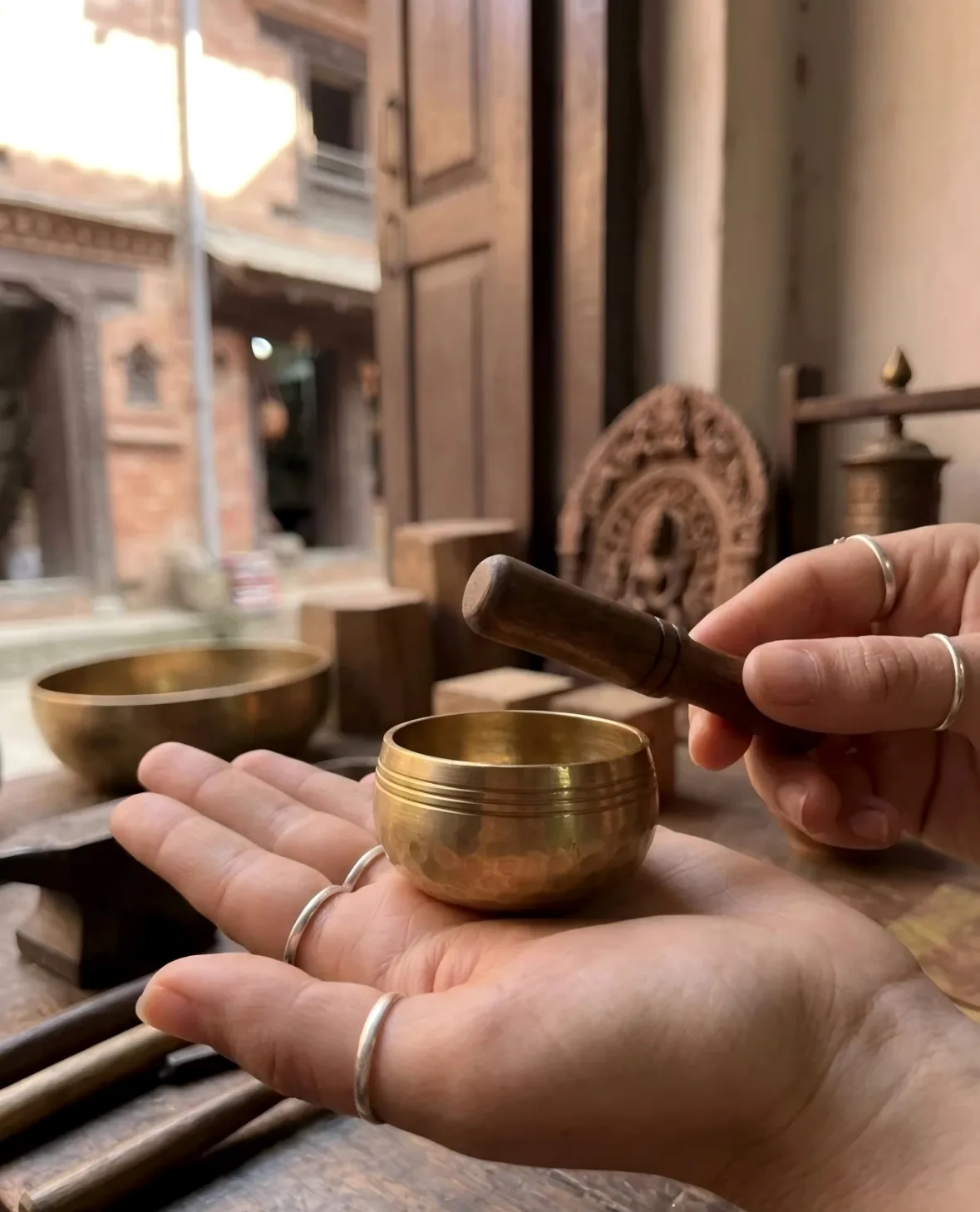 A palm-sized brass mini singing bowl held with a wooden striker