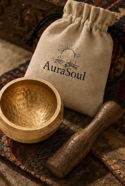 Mini brass singing bowl with wooden striker and AuraSoul pouch
